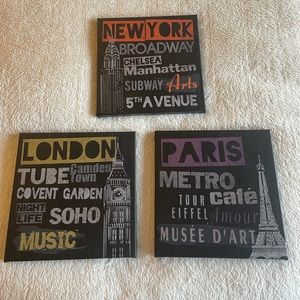NYC, London, Paris set of 3 canvases